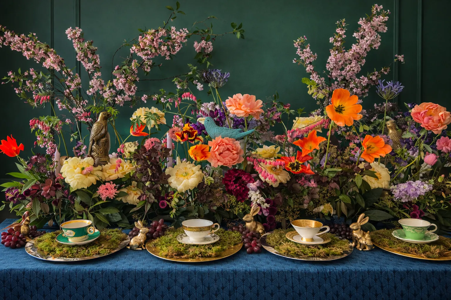 Eine skulpturale HOUSER-Komposition — Kirschblüte, Ranunkeln, Tulpen und Tränendes Herz auf einem Marmorsockel vor einer tiefgrünen, getäfelten Wand.
