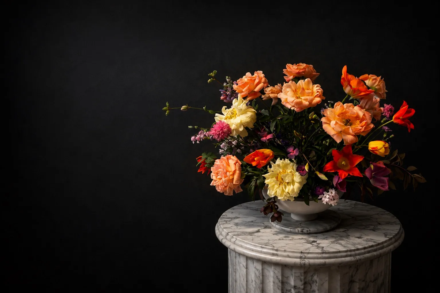 Skulpturale Blumenstudie von HOUSER mit Ranunkeln und Kirschblüten auf einem Steinsockel.